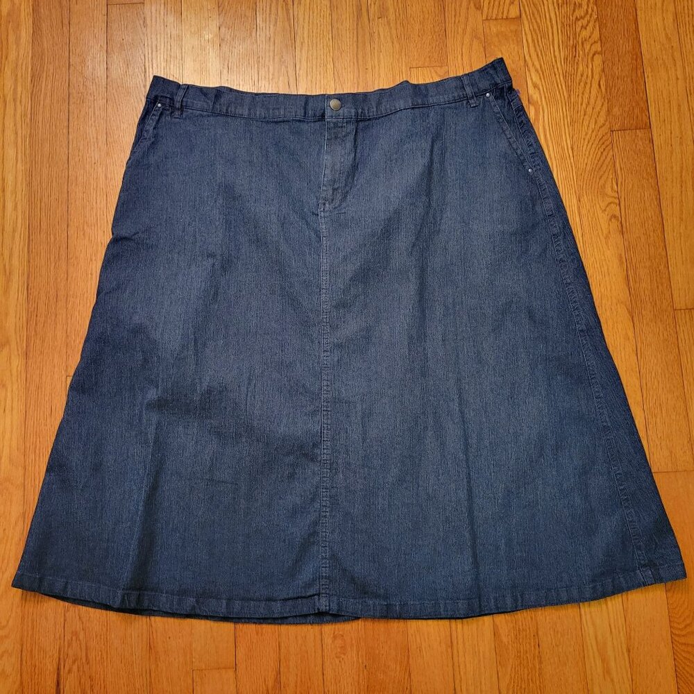 Southern Lady 20W Blue Jean Denim Skirt Pockets Modest Back Slit Dark Wash
